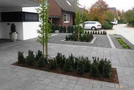 Modern gestalteter Eingangsbereich mit gepflastertem Weg, Bäumen und Sträuchern, sowie einem grauen Kieselbereich und Auto.
