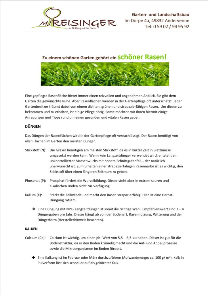 Ein Informationsblatt über den Rasenpflege mit Tipps zu Düngung und Kalkung. Es beschreibt die Bedeutung von Stickstoff, Phosphat und Kalium für die Gesundheit des Rasens sowie deren richtigen Anwendung und Dosierung im Garten.